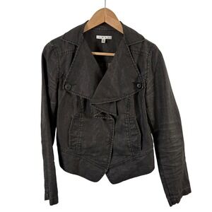CAbi Waxed Linen Cropped Moto Jacket Women's Ruffle Snap‎ Front Size S